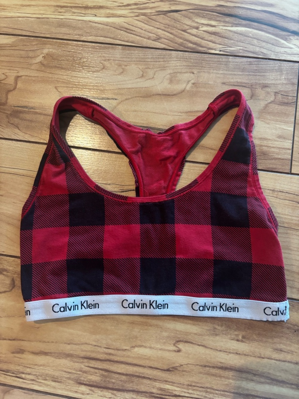 Calvin Klein Red and Black Plaid Racerback Sports Bralette